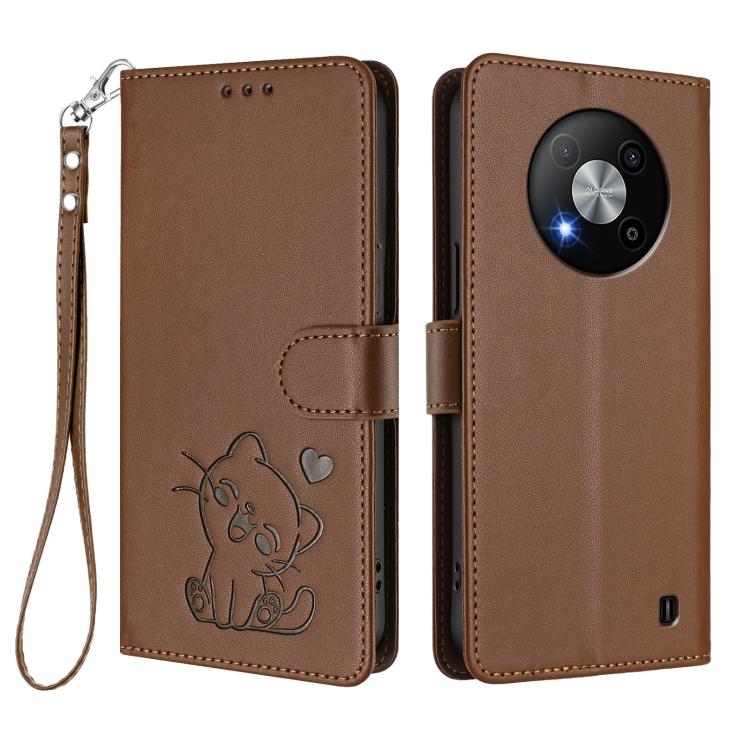 For ZTE Blade A73 5G Embossed Heart Cat Leather Phone Case with Hand Strap