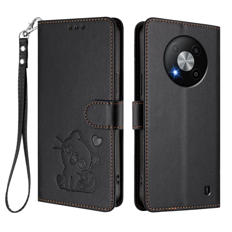 For ZTE Blade A73 5G Embossed Heart Cat Leather Phone Case with Hand Strap