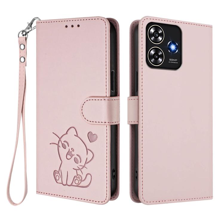 For ZTE Blade A73 4G Embossed Heart Cat Leather Phone Case with Hand Strap