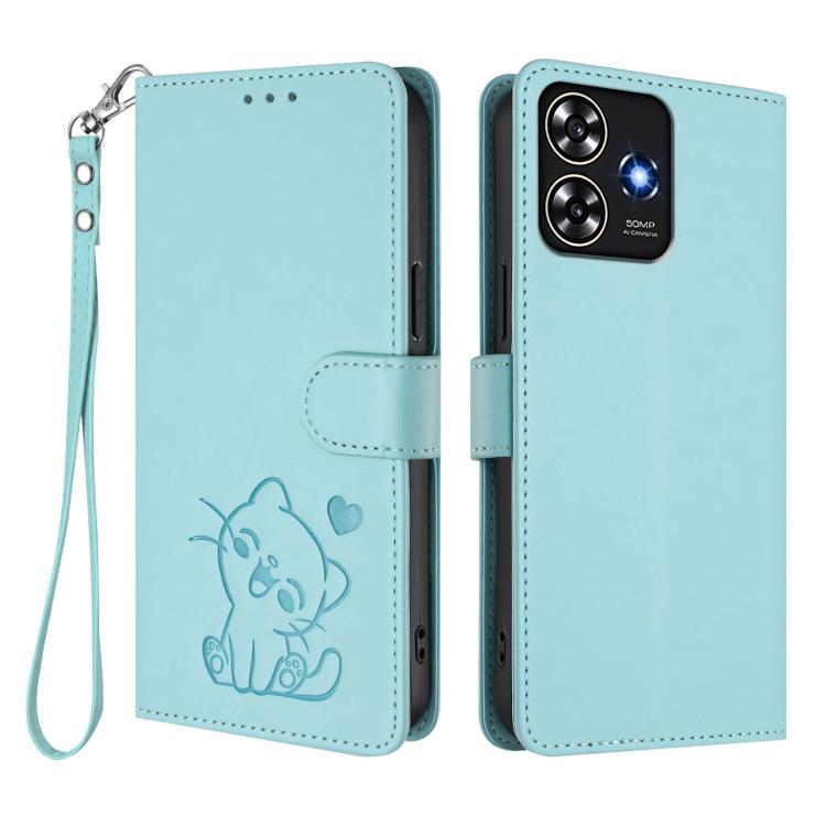 For ZTE Blade A73 4G Embossed Heart Cat Leather Phone Case with Hand Strap