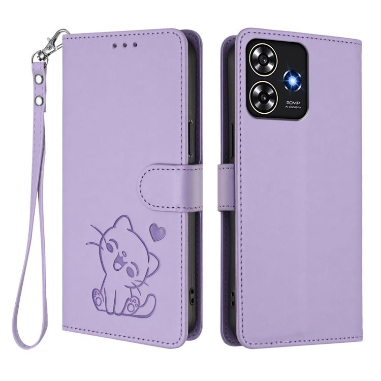 For ZTE Blade A73 4G Embossed Heart Cat Leather Phone Case with Hand Strap