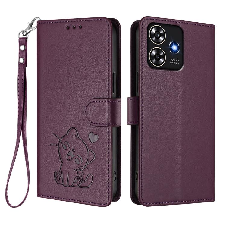 For ZTE Blade A73 4G Embossed Heart Cat Leather Phone Case with Hand Strap