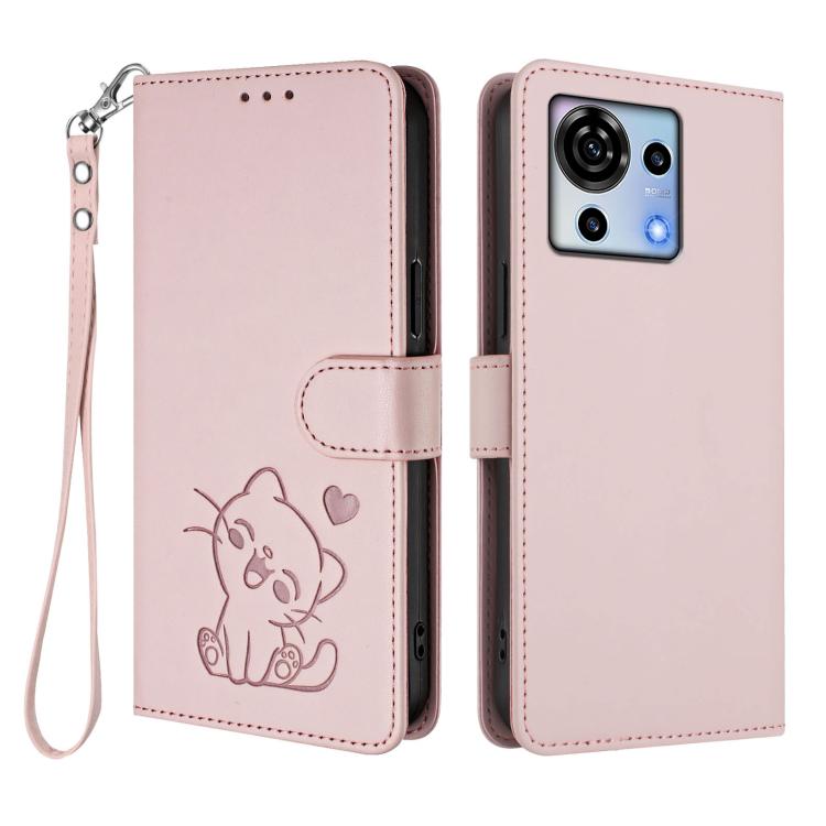 For ZTE Blade V50 Vita Embossed Heart Cat Leather Phone Case with Hand Strap