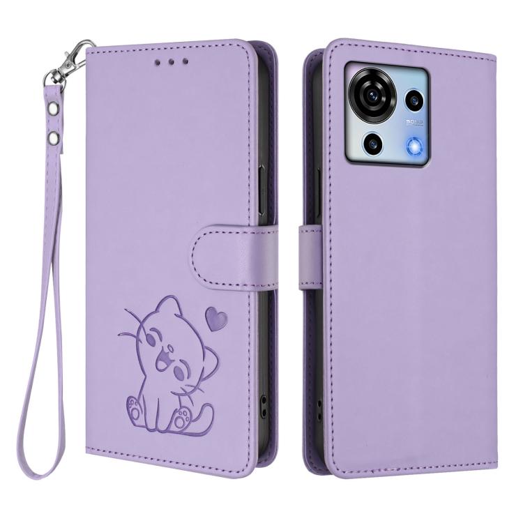 For ZTE Blade V50 Vita Embossed Heart Cat Leather Phone Case with Hand Strap