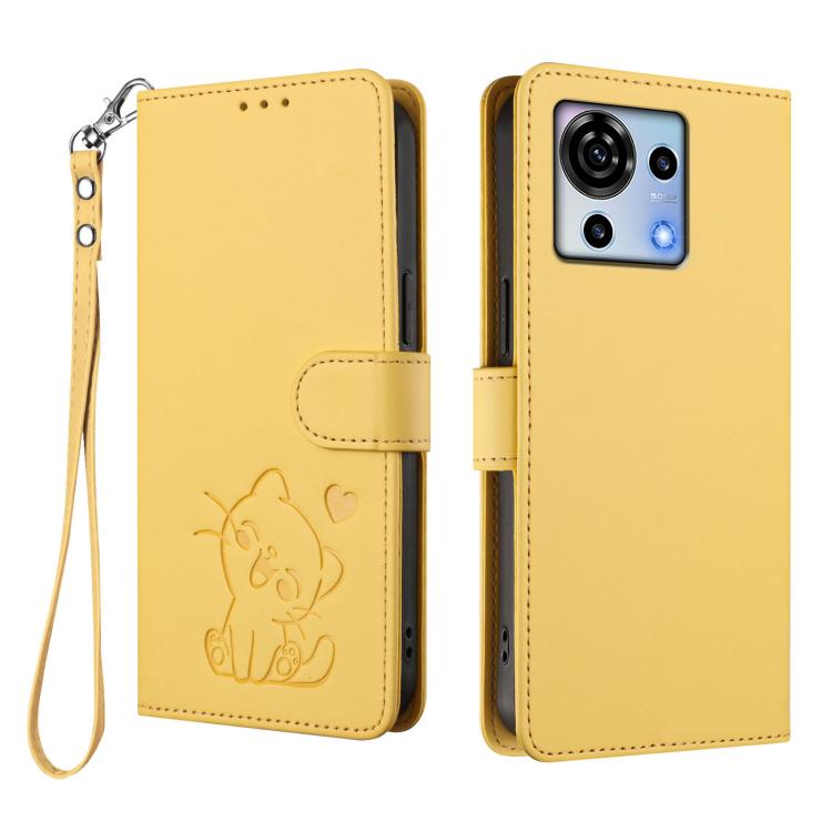 For ZTE Blade V50 Vita Embossed Heart Cat Leather Phone Case with Hand Strap