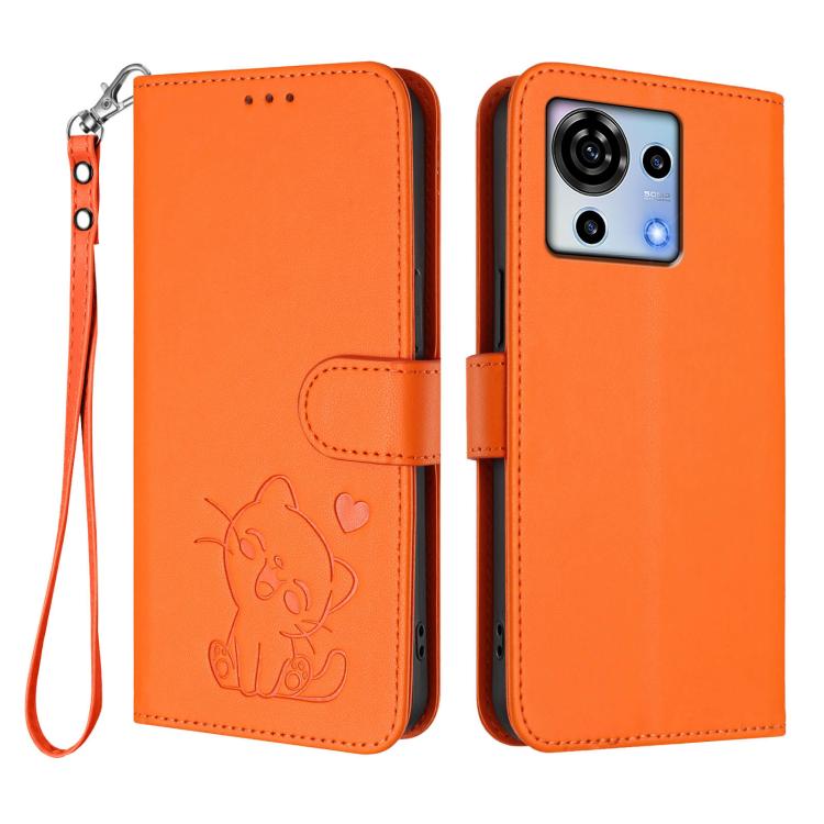 For ZTE Blade V50 Vita Embossed Heart Cat Leather Phone Case with Hand Strap