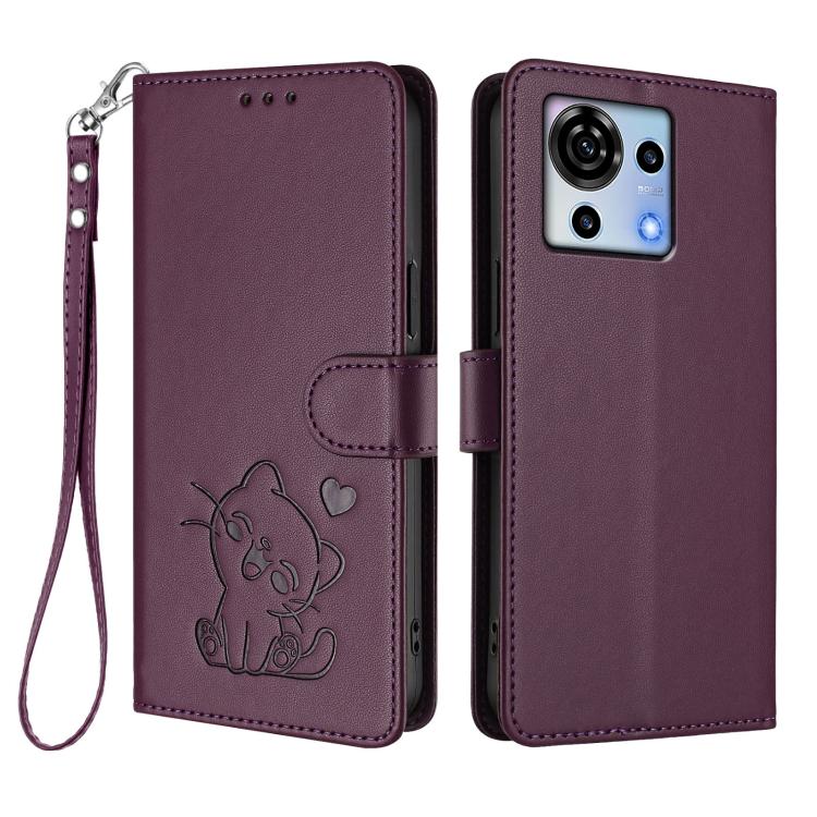 For ZTE Blade V50 Vita Embossed Heart Cat Leather Phone Case with Hand Strap