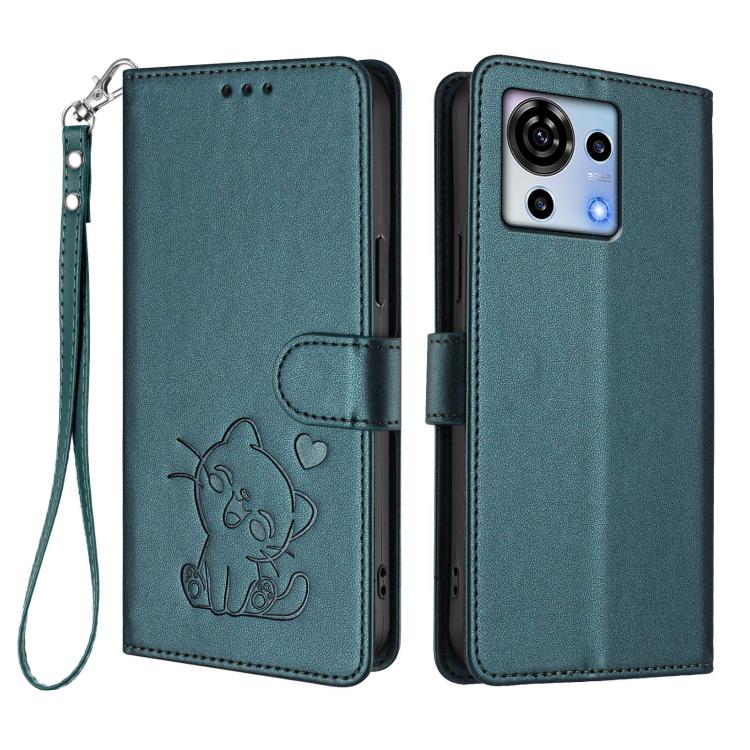 For ZTE Blade V50 Vita Embossed Heart Cat Leather Phone Case with Hand Strap