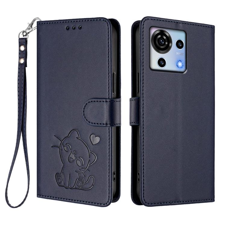 For ZTE Blade V50 Vita Embossed Heart Cat Leather Phone Case with Hand Strap