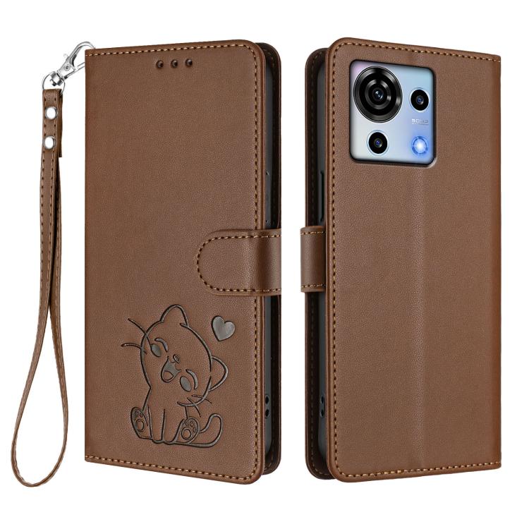For ZTE Blade V50 Vita Embossed Heart Cat Leather Phone Case with Hand Strap