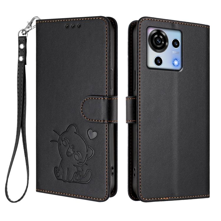 For ZTE Blade V50 Vita Embossed Heart Cat Leather Phone Case with Hand Strap
