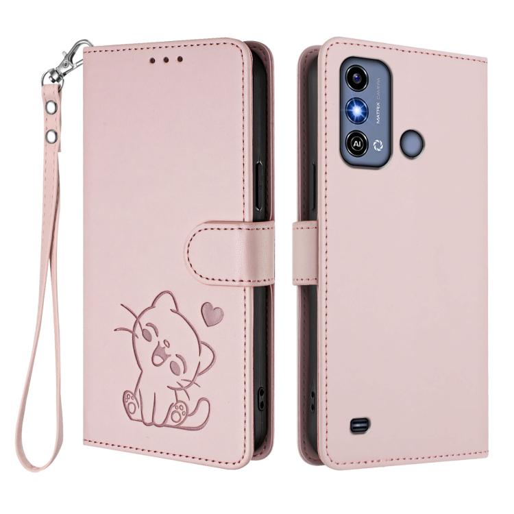 For ZTE Blade A53 / A53+ Embossed Heart Cat Leather Phone Case with Hand Strap