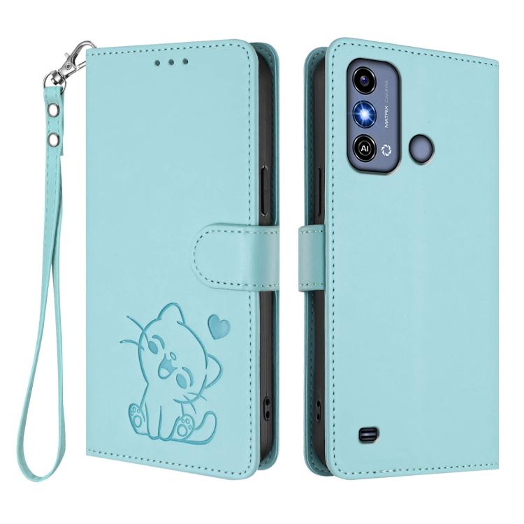 For ZTE Blade A53 / A53+ Embossed Heart Cat Leather Phone Case with Hand Strap