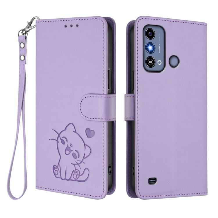 For ZTE Blade A53 / A53+ Embossed Heart Cat Leather Phone Case with Hand Strap