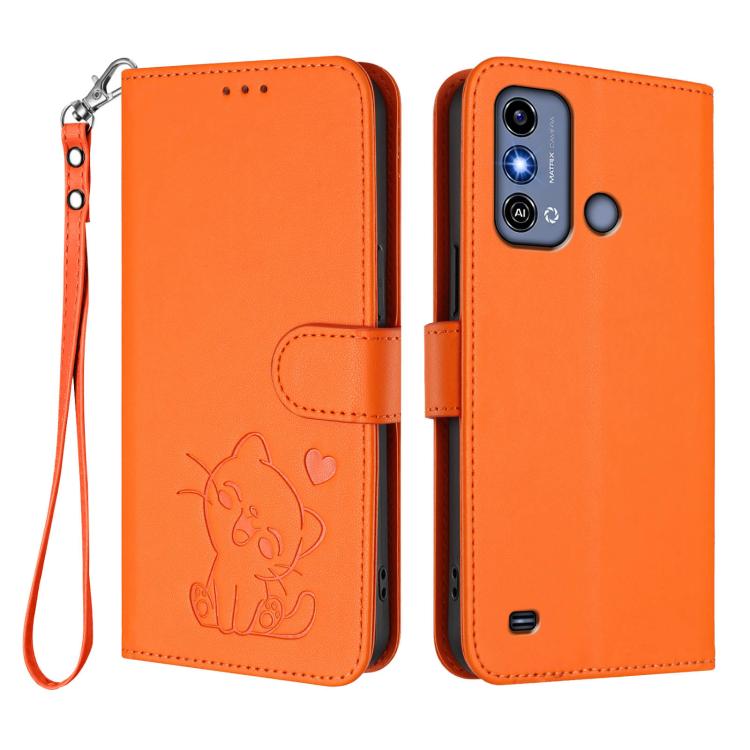 For ZTE Blade A53 / A53+ Embossed Heart Cat Leather Phone Case with Hand Strap