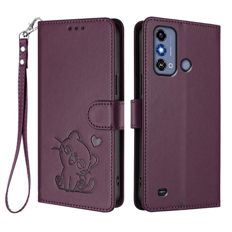 For ZTE Blade A53 / A53+ Embossed Heart Cat Leather Phone Case with Hand Strap