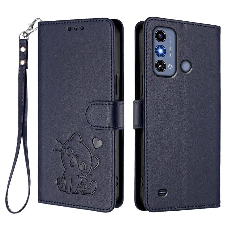 For ZTE Blade A53 / A53+ Embossed Heart Cat Leather Phone Case with Hand Strap