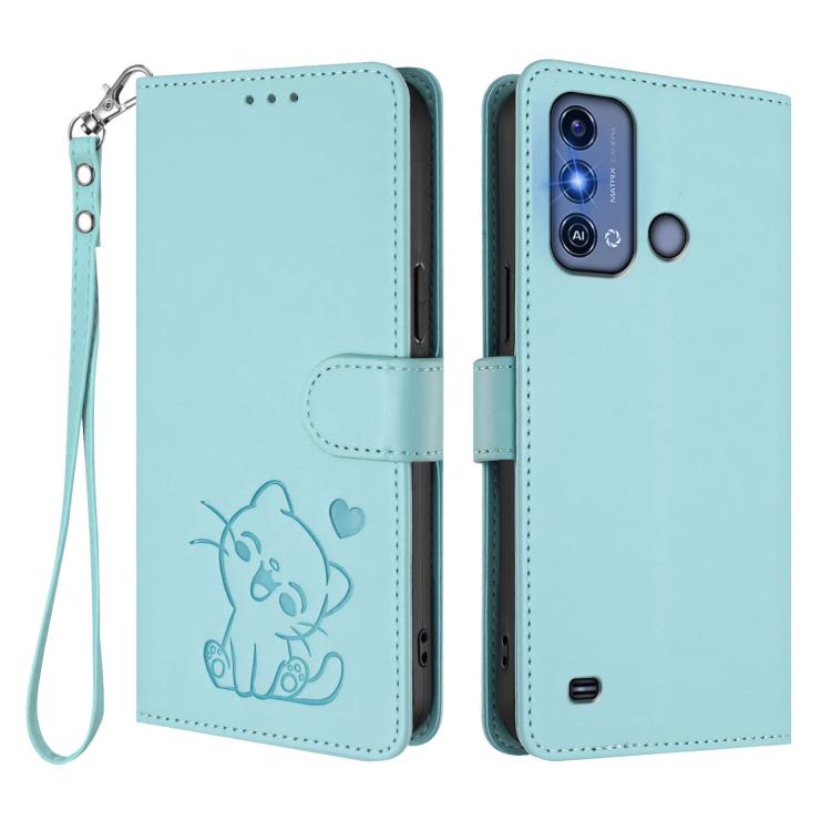 For ZTE Blade A53 Pro Embossed Heart Cat Leather Phone Case with Hand Strap
