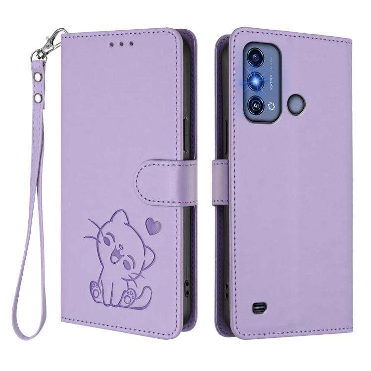 For ZTE Blade A53 Pro Embossed Heart Cat Leather Phone Case with Hand Strap