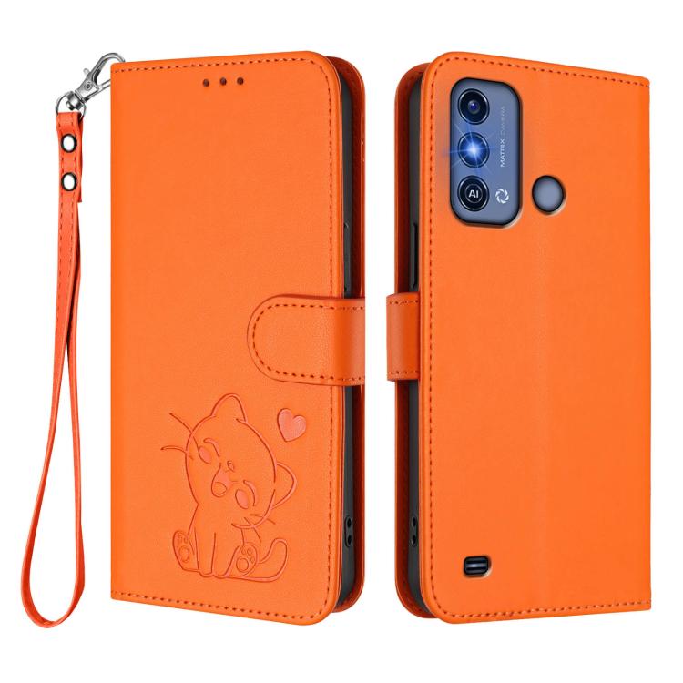 For ZTE Blade A53 Pro Embossed Heart Cat Leather Phone Case with Hand Strap