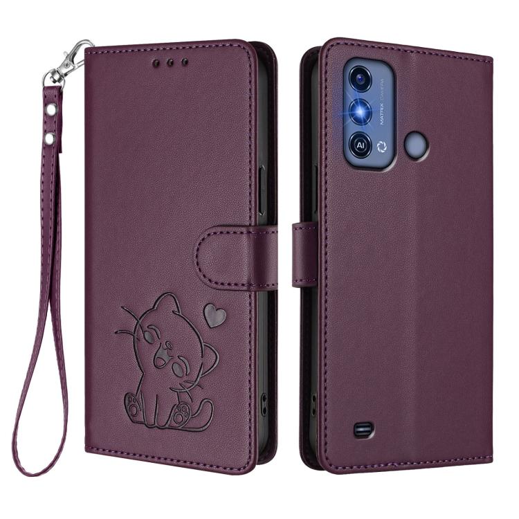For ZTE Blade A53 Pro Embossed Heart Cat Leather Phone Case with Hand Strap