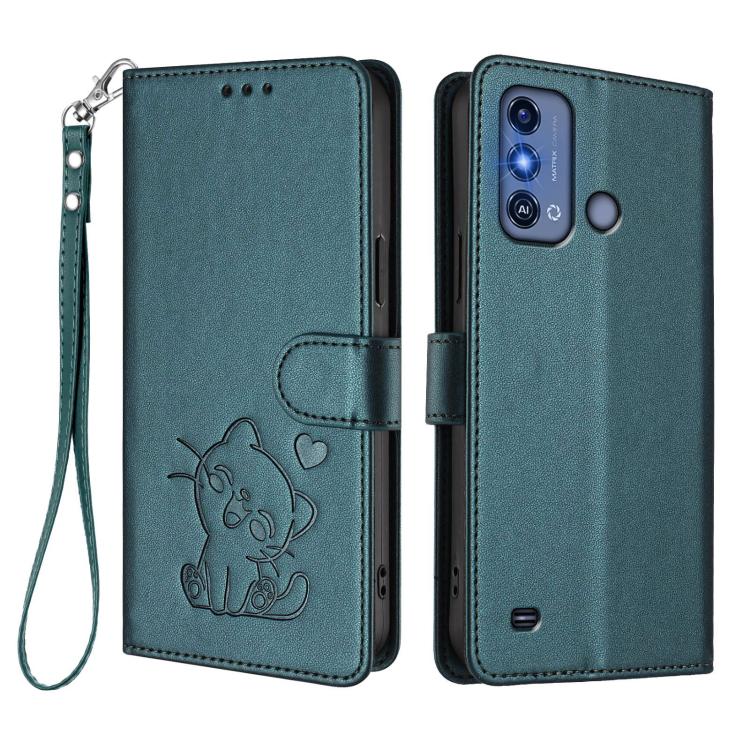 For ZTE Blade A53 Pro Embossed Heart Cat Leather Phone Case with Hand Strap