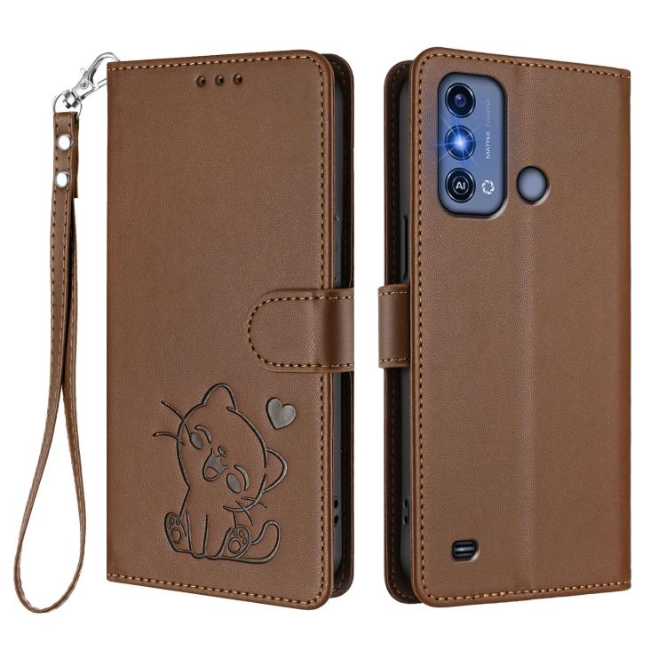 For ZTE Blade A53 Pro Embossed Heart Cat Leather Phone Case with Hand Strap