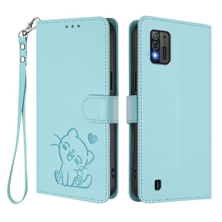 For ZTE Blade A52 Lite Embossed Heart Cat Leather Phone Case with Hand Strap
