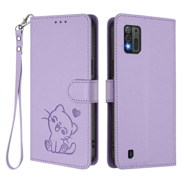 For ZTE Blade A52 Lite Embossed Heart Cat Leather Phone Case with Hand Strap