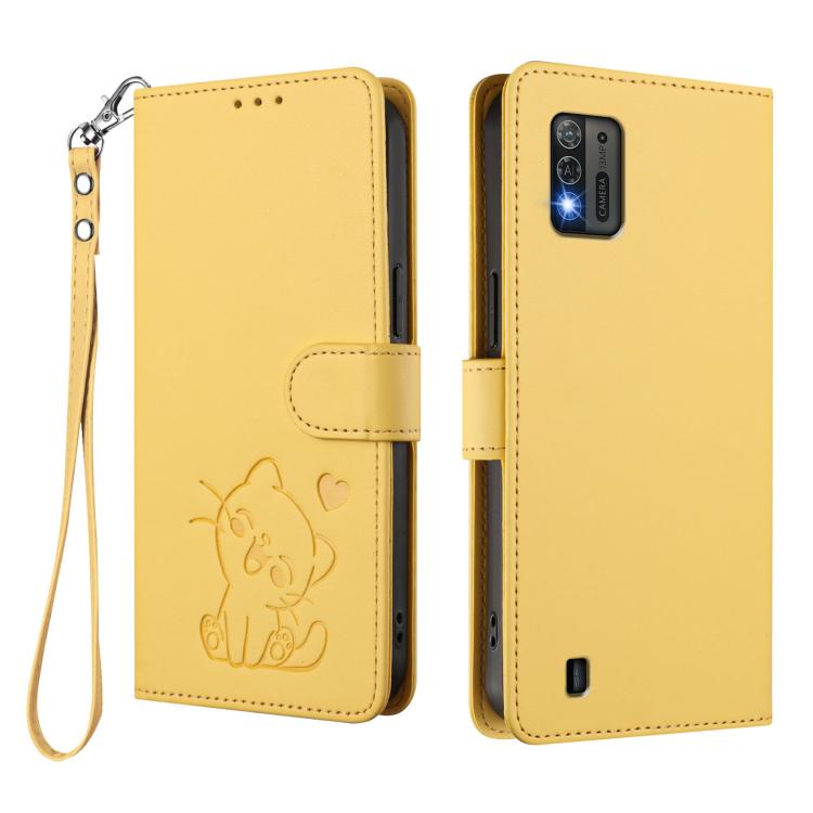 For ZTE Blade A52 Lite Embossed Heart Cat Leather Phone Case with Hand Strap