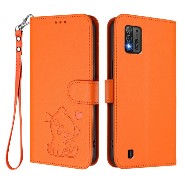 For ZTE Blade A52 Lite Embossed Heart Cat Leather Phone Case with Hand Strap