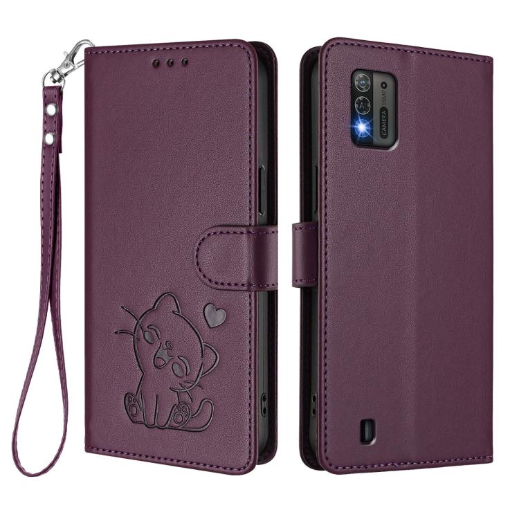 For ZTE Blade A52 Lite Embossed Heart Cat Leather Phone Case with Hand Strap