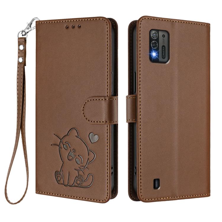 For ZTE Blade A52 Lite Embossed Heart Cat Leather Phone Case with Hand Strap