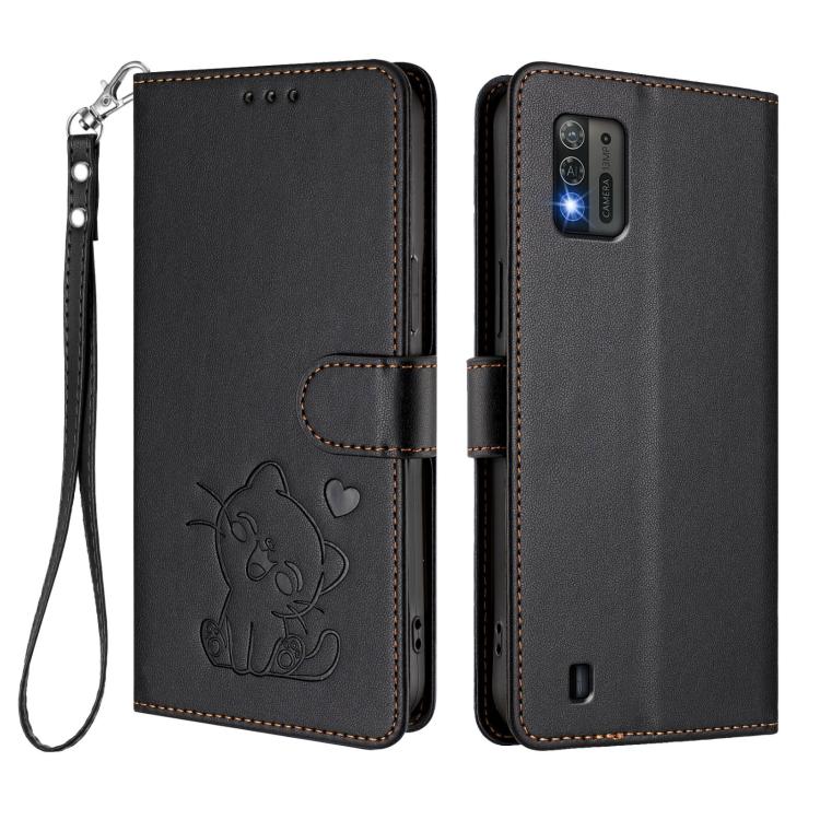 For ZTE Blade A52 Lite Embossed Heart Cat Leather Phone Case with Hand Strap