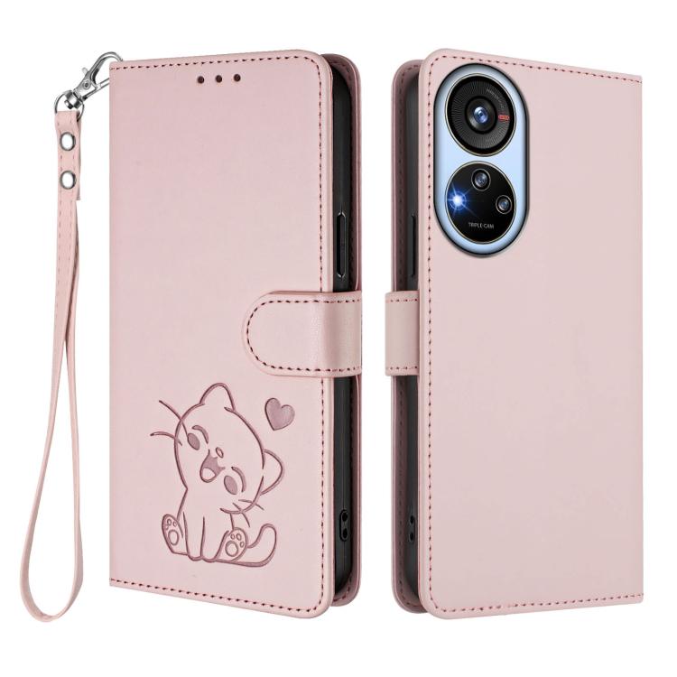 For ZTE Blade V40s Embossed Heart Cat Leather Phone Case with Hand Strap