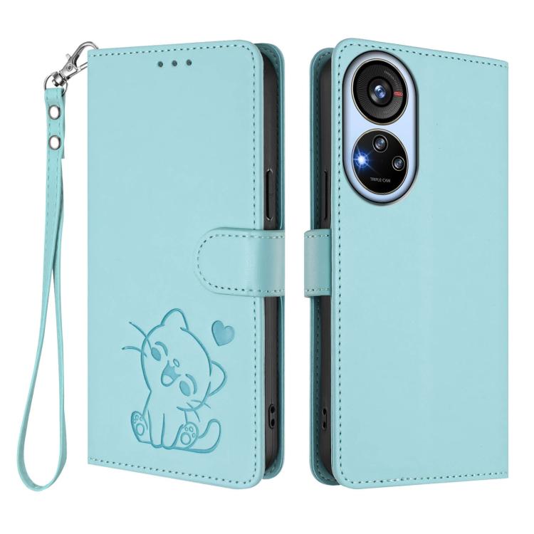 For ZTE Blade V40s Embossed Heart Cat Leather Phone Case with Hand Strap