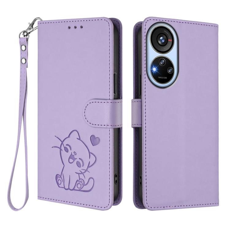 For ZTE Blade V40s Embossed Heart Cat Leather Phone Case with Hand Strap