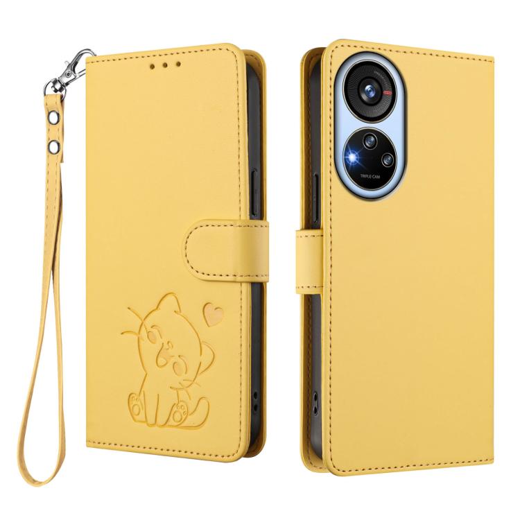 For ZTE Blade V40s Embossed Heart Cat Leather Phone Case with Hand Strap