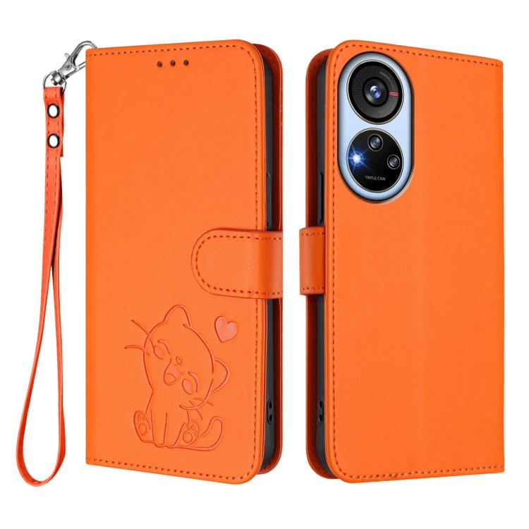 For ZTE Blade V40s Embossed Heart Cat Leather Phone Case with Hand Strap