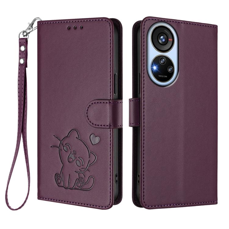 For ZTE Blade V40s Embossed Heart Cat Leather Phone Case with Hand Strap