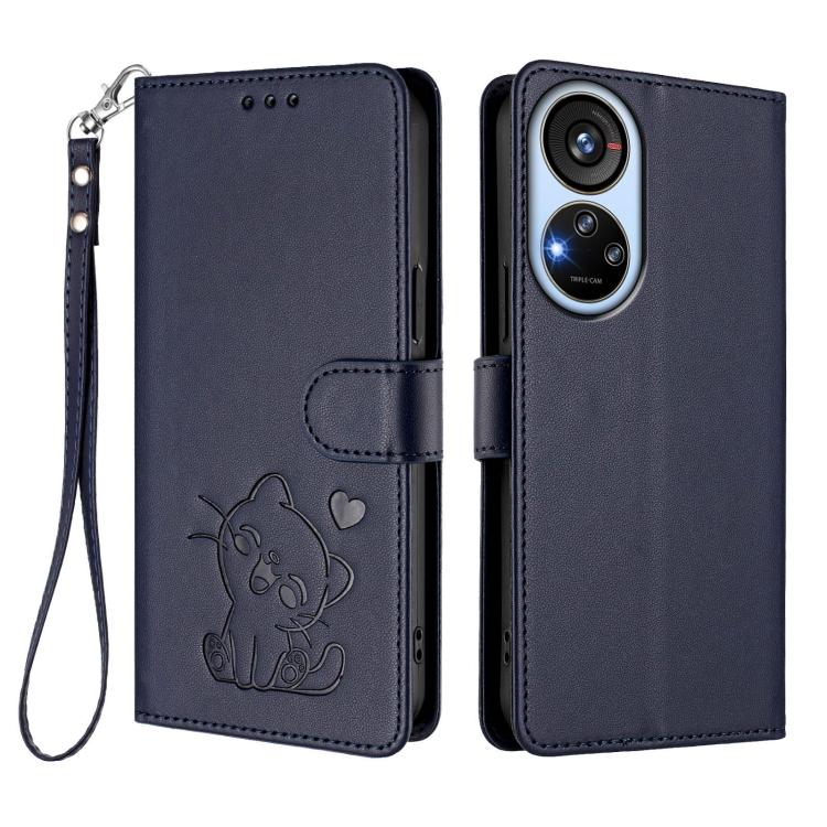 For ZTE Blade V40s Embossed Heart Cat Leather Phone Case with Hand Strap