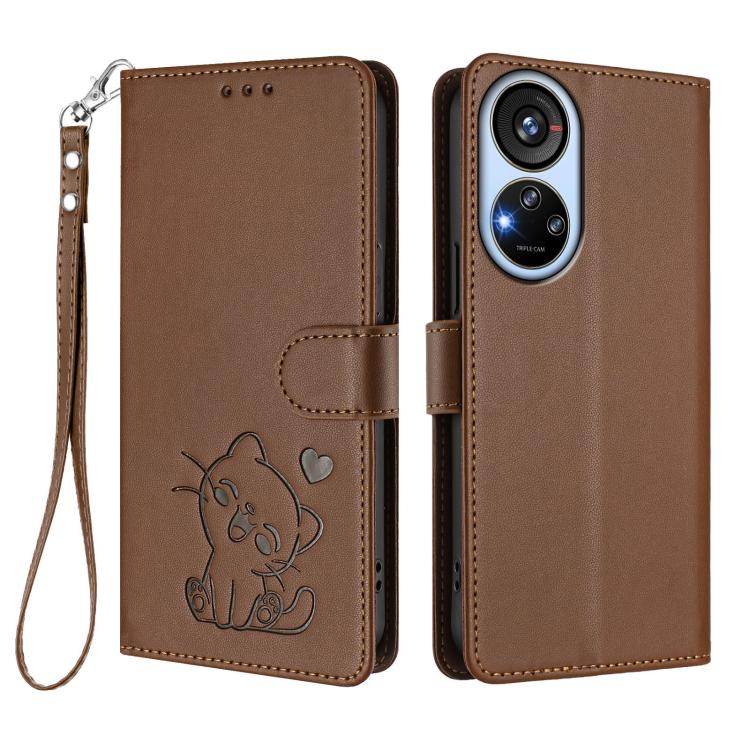 For ZTE Blade V40s Embossed Heart Cat Leather Phone Case with Hand Strap