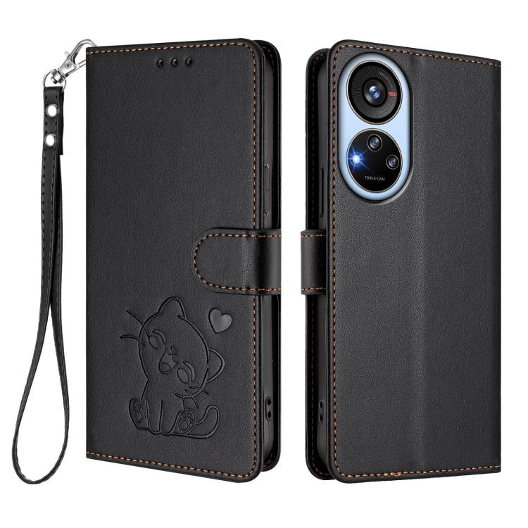 For ZTE Blade V40s Embossed Heart Cat Leather Phone Case with Hand Strap