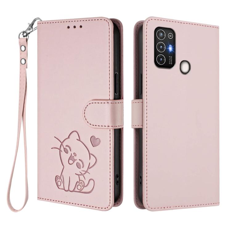 For ZTE Blade A52 Embossed Heart Cat Leather Phone Case with Hand Strap