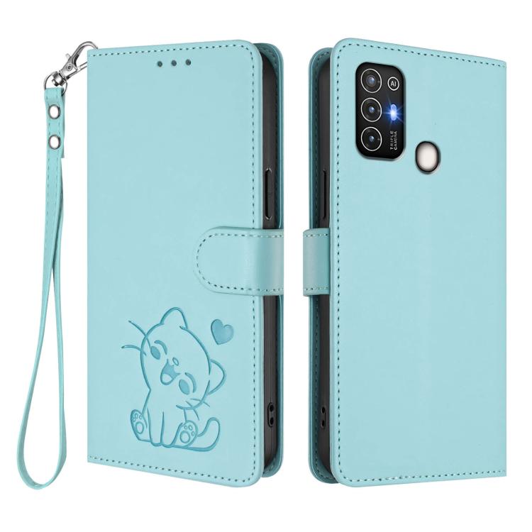For ZTE Blade A52 Embossed Heart Cat Leather Phone Case with Hand Strap