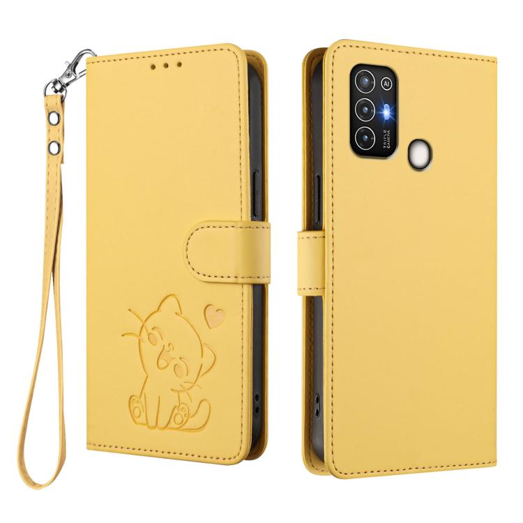 For ZTE Blade A52 Embossed Heart Cat Leather Phone Case with Hand Strap