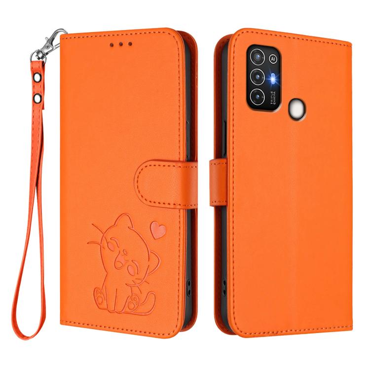 For ZTE Blade A52 Embossed Heart Cat Leather Phone Case with Hand Strap