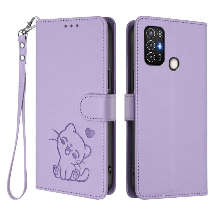 For ZTE Blade A52 Embossed Heart Cat Leather Phone Case with Hand Strap
