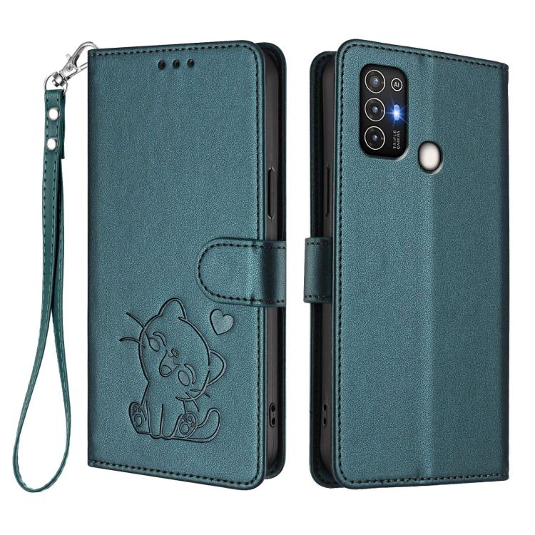 For ZTE Blade A52 Embossed Heart Cat Leather Phone Case with Hand Strap