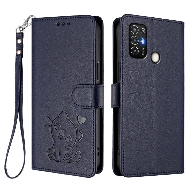 For ZTE Blade A52 Embossed Heart Cat Leather Phone Case with Hand Strap